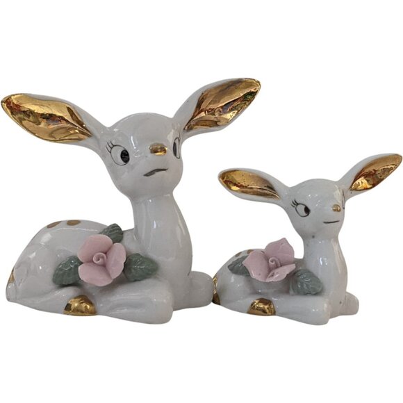 Thames Deer Figurines Set of 2 White Gold Tone Pink Mid Century Vtg Japan - Picture 5 of 16